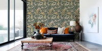Graceful bird motifs define Olive Green Vintage Peacock Wallpaper