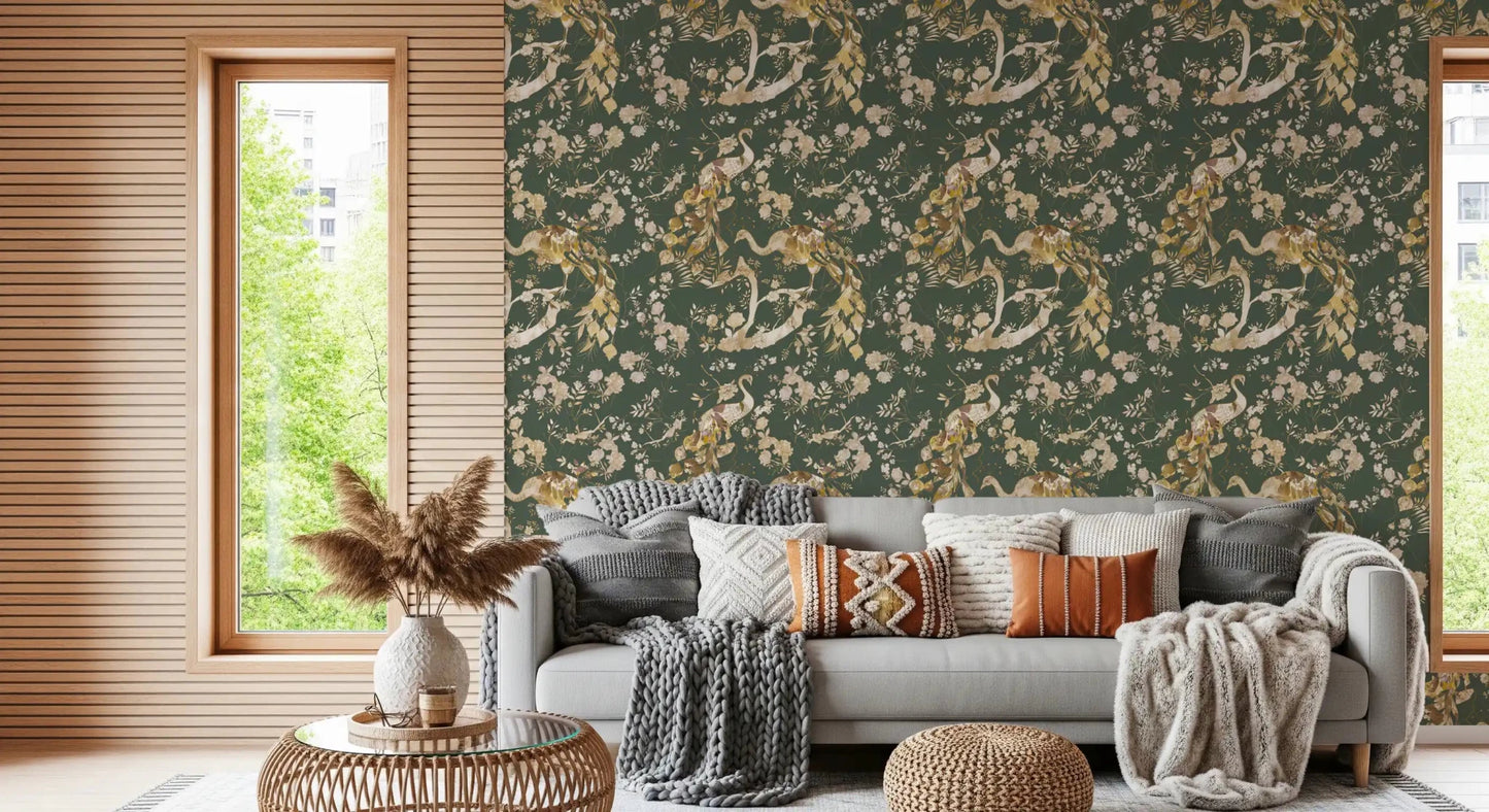 Soft floral branches shape Olive Green Vintage Peacock Wallpaper