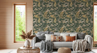 Soft floral branches shape Olive Green Vintage Peacock Wallpaper