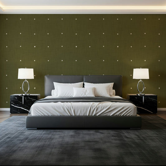 Bedroom feel touched by olive grove texture wallpaper in cream and sage
