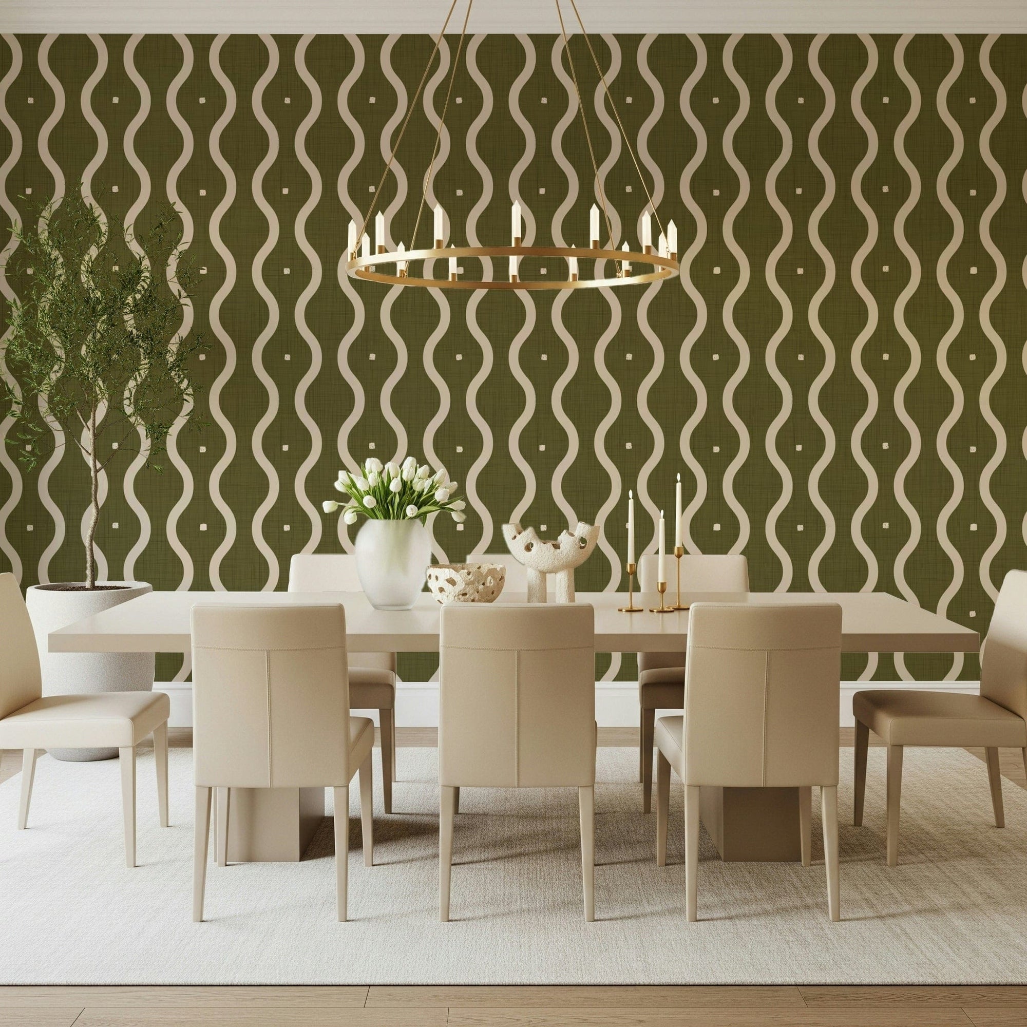 Olive Grove Waves Wallpaper with curving green branches and botanical rhythm, GD7012