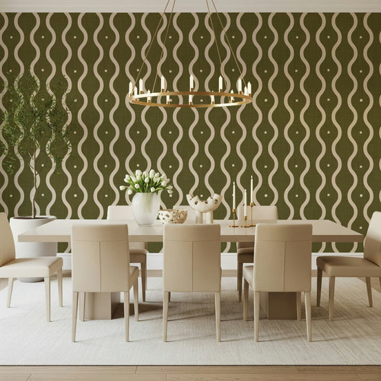 Olive Grove Waves Wallpaper with curving green branches and botanical rhythm, GD7012