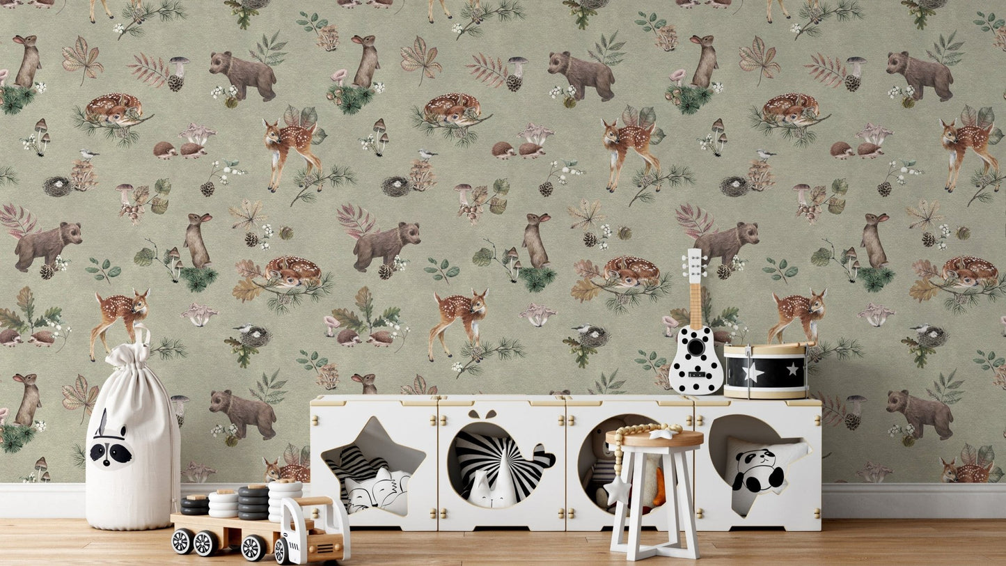 Olive mist baby animal nursery wallpaper

