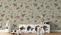 Olive mist baby animal nursery wallpaper
