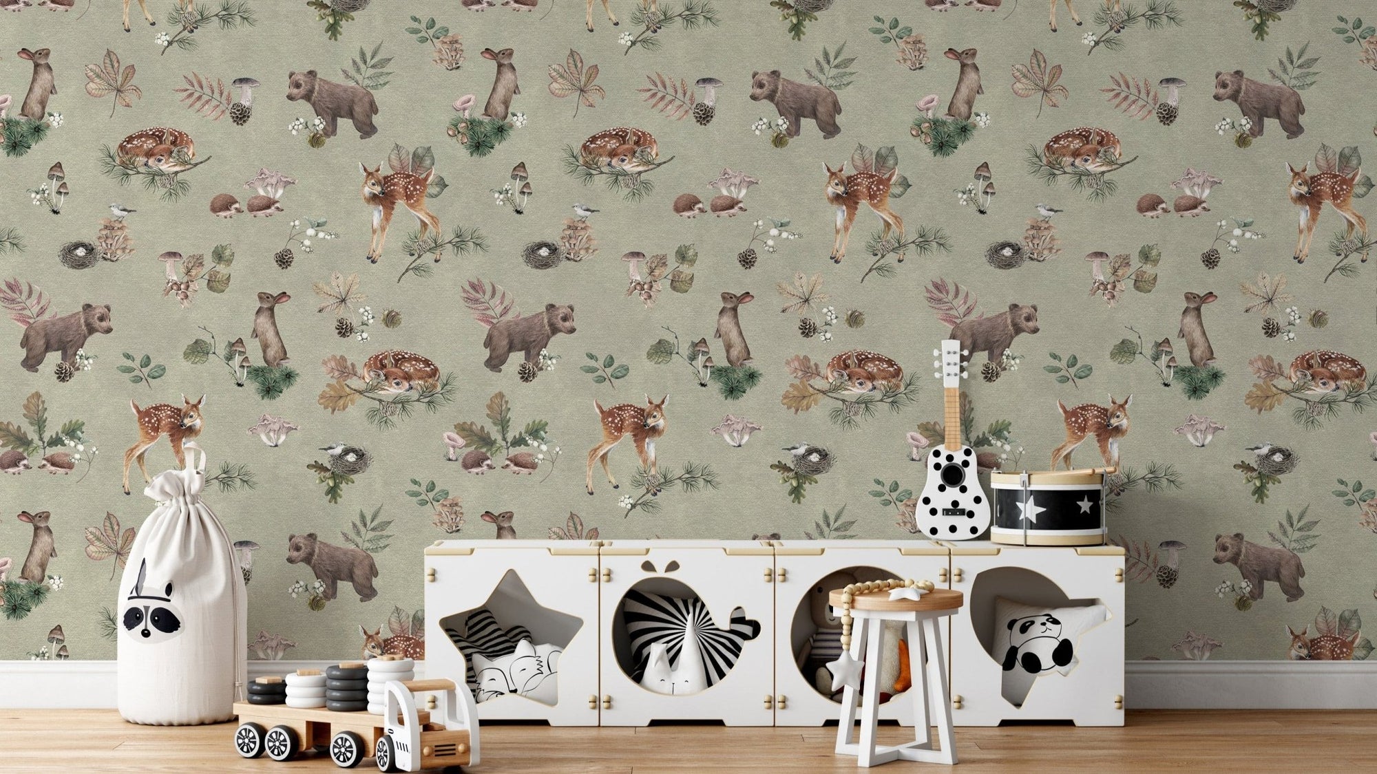Olive mist baby animal nursery wallpaper
 KB98