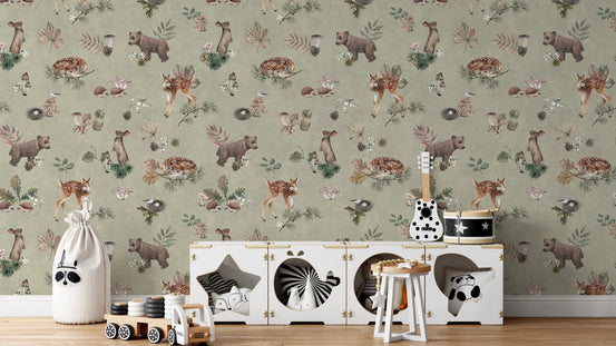 Olive mist baby animal nursery wallpaper
 KB98