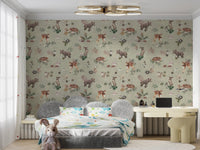 Soft green wildlife wallpaper for kids room
