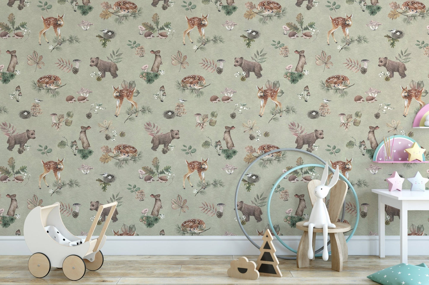 Neutral olive baby animal wallpaper design
