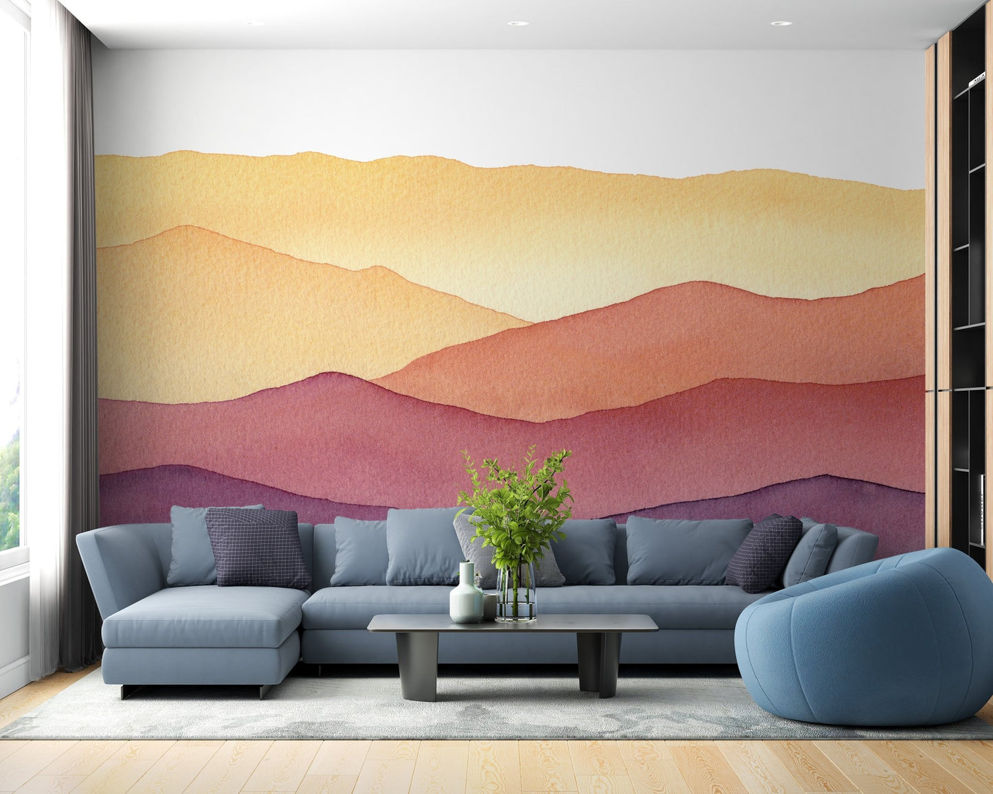 Watercolor mountain mural with waves
