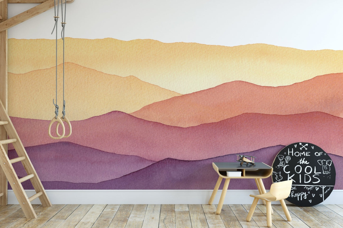 Artistic mountain mural with hand-drawn charm
