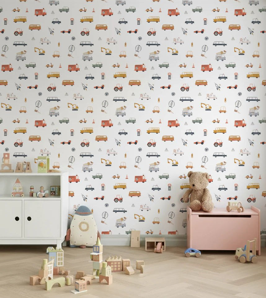 On the Go Vehicles Wallpaper adds playful transport repeats to a bright kids room, GD8123