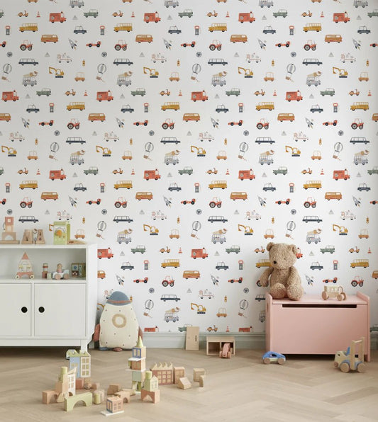 On the Go Vehicles Wallpaper adds playful transport repeats to a bright kids room