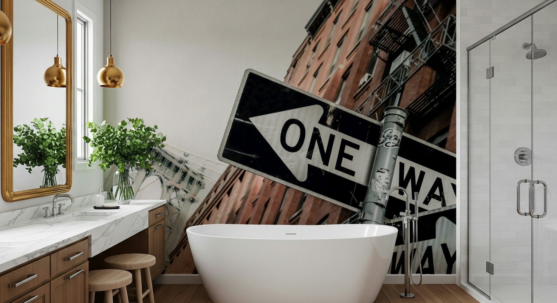 A peaceful modern abstract mural on decorative wallpaper.