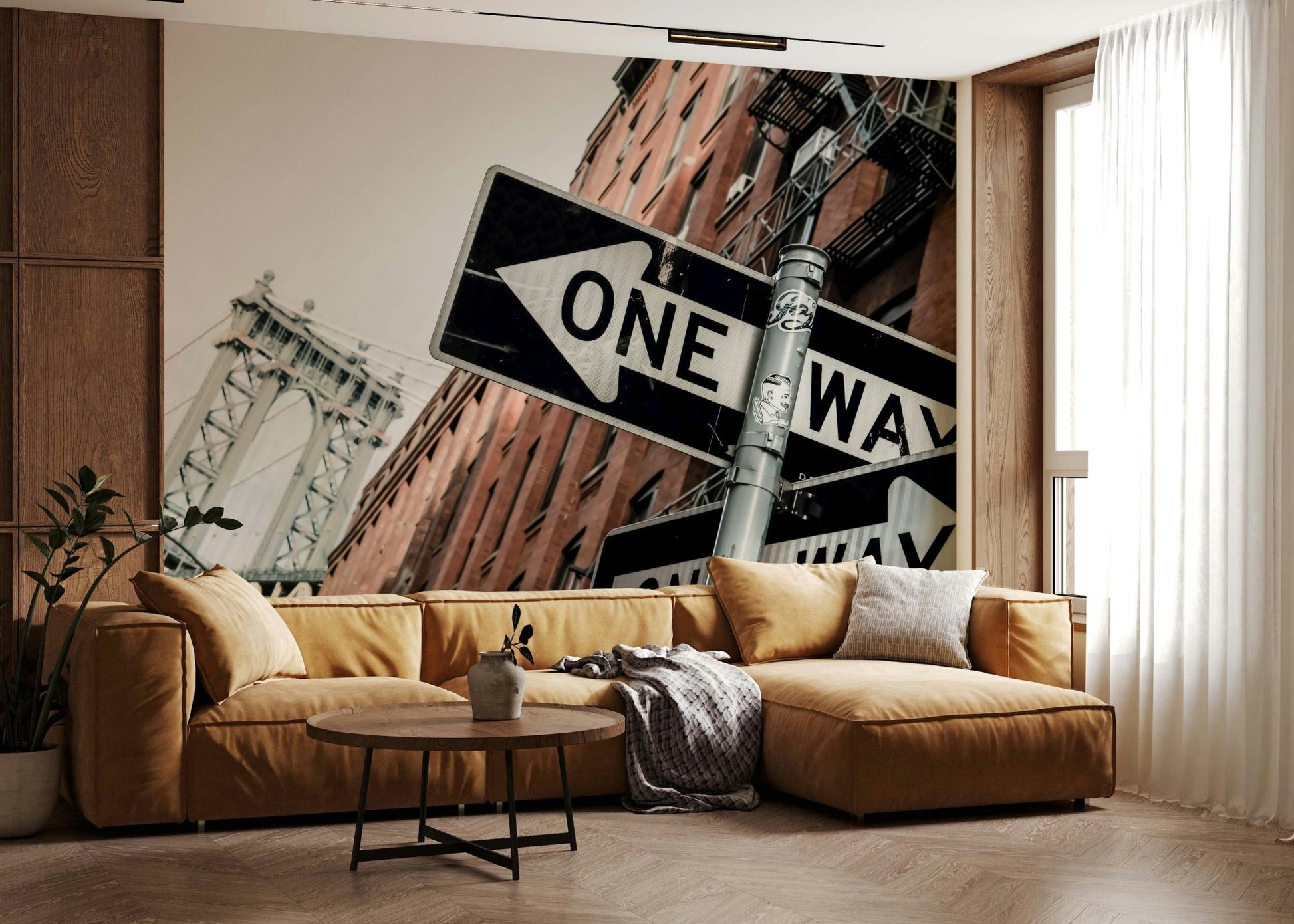 A beautiful monochrome street sign wallpaper mural featuring the "One Way" sign in Brooklyn.
