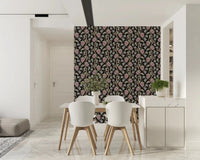 Dining room with Ophelia Boho Blossoms wallpaper in antique pastels on black