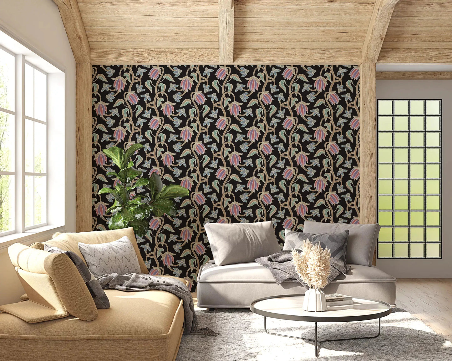 Ophelia Boho Blossoms wallpaper with antique pastel florals on black