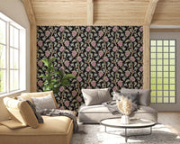 Ophelia Boho Blossoms wallpaper with antique pastel florals on black