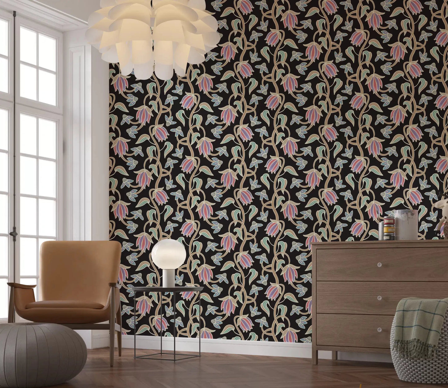 Decorative black wallpaper with Ophelia Boho Blossoms botanical detail