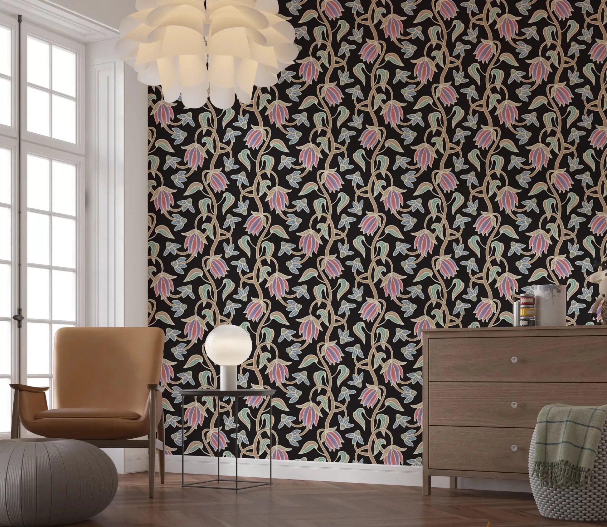Decorative black wallpaper with Ophelia Boho Blossoms botanical detail