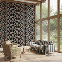 Hallway wall using Ophelia Boho Blossoms wallpaper on a dark floral base