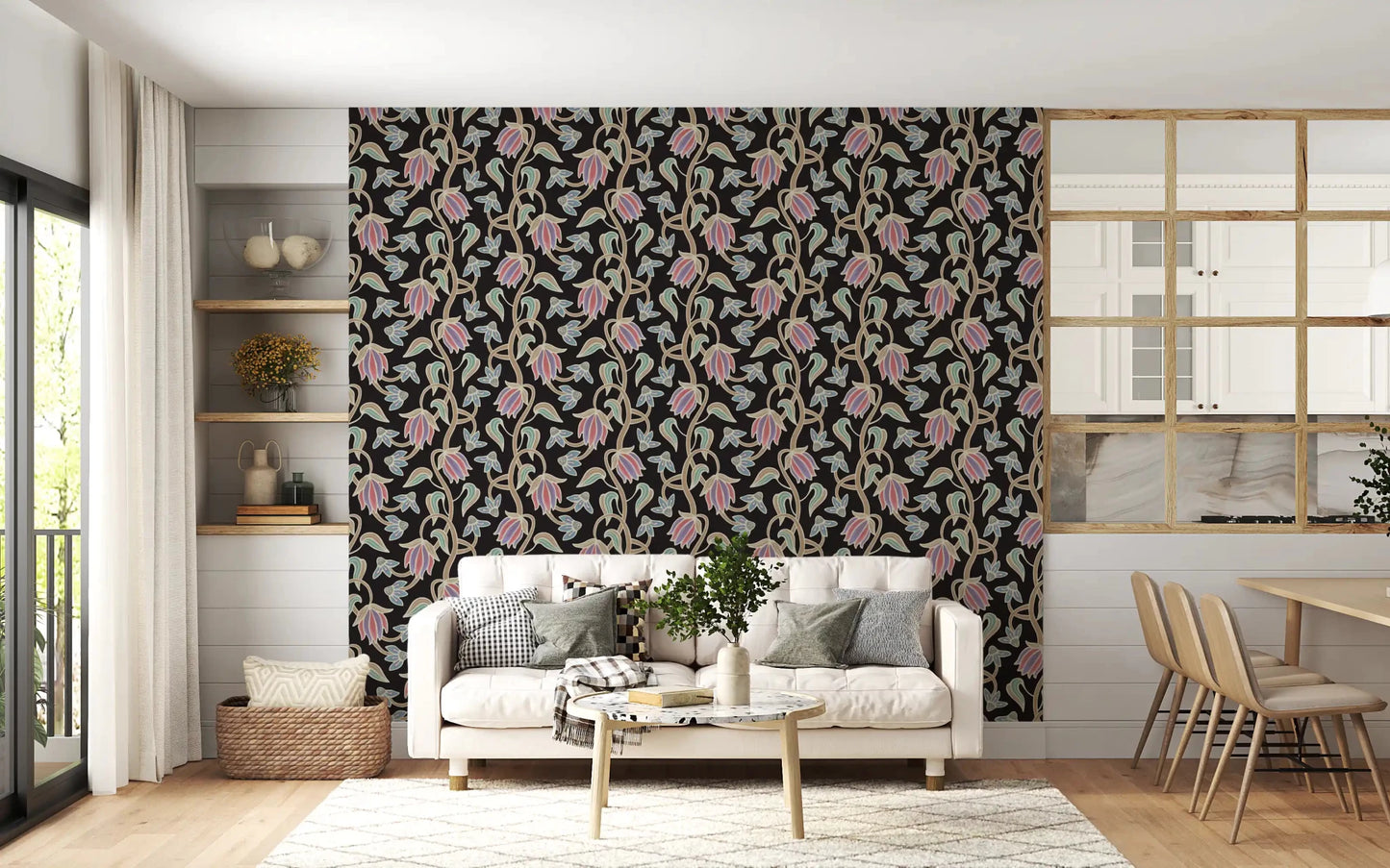 Pastel floral linework shapes Ophelia Boho Blossoms wallpaper beautifully
