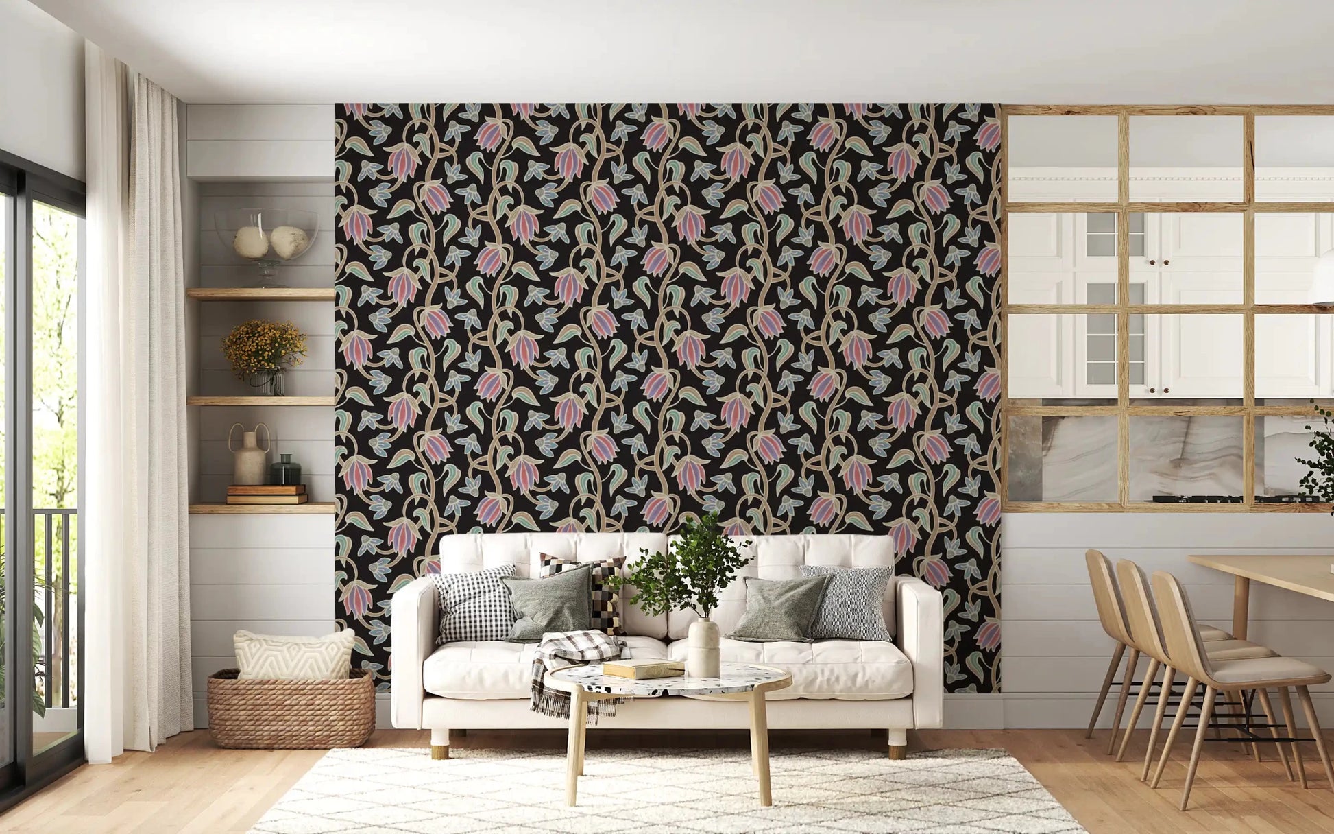 Pastel floral linework shapes Ophelia Boho Blossoms wallpaper beautifully