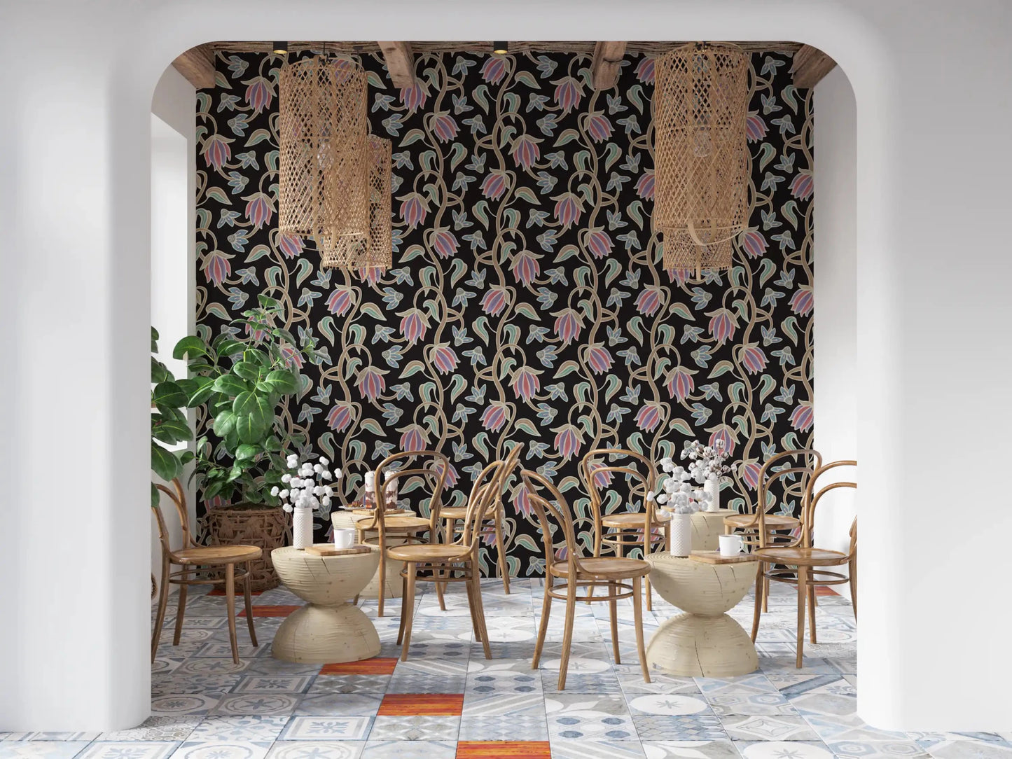 Black wallpaper showing Ophelia Boho Blossoms in a soft boho repeat