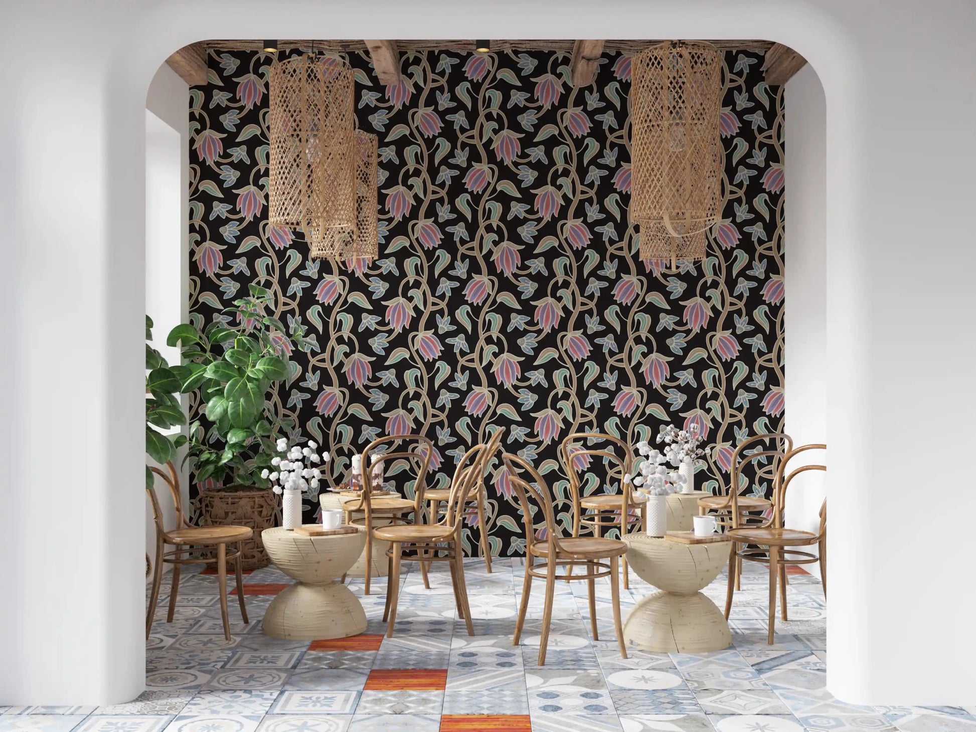 Black wallpaper showing Ophelia Boho Blossoms in a soft boho repeat