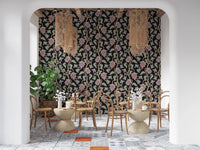 Black wallpaper showing Ophelia Boho Blossoms in a soft boho repeat