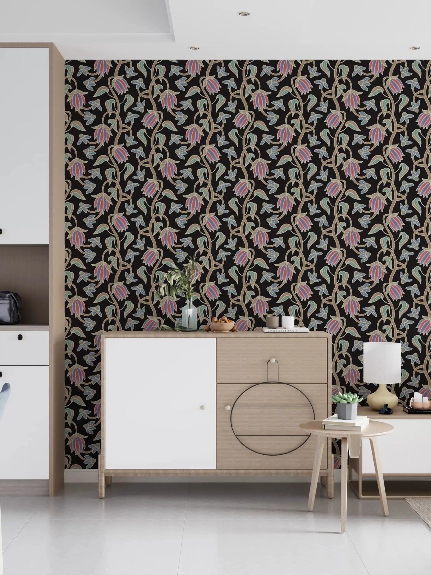 Ophelia Boho Blossoms wallpaper with curved stems and muted flower tones