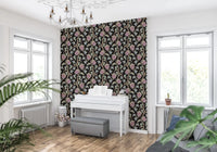 Moody floral wallpaper featuring Ophelia Boho Blossoms on black ground