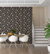 Dining room space with Ophelia Boho Blossoms wallpaper and pastel bloom pattern