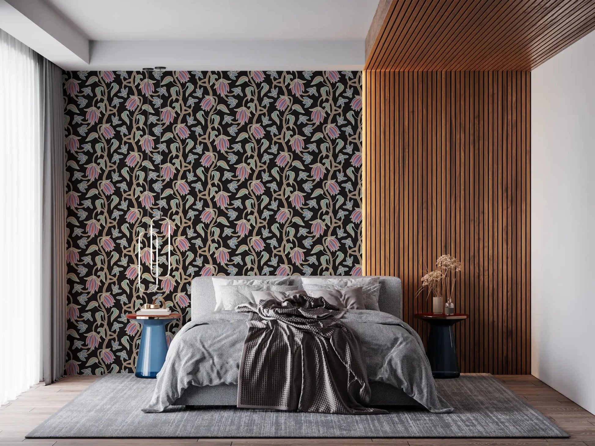 Bedroom styled in Ophelia Boho Blossoms wallpaper with soft floral detail