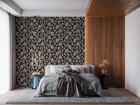 Bedroom styled in Ophelia Boho Blossoms wallpaper with soft floral detail