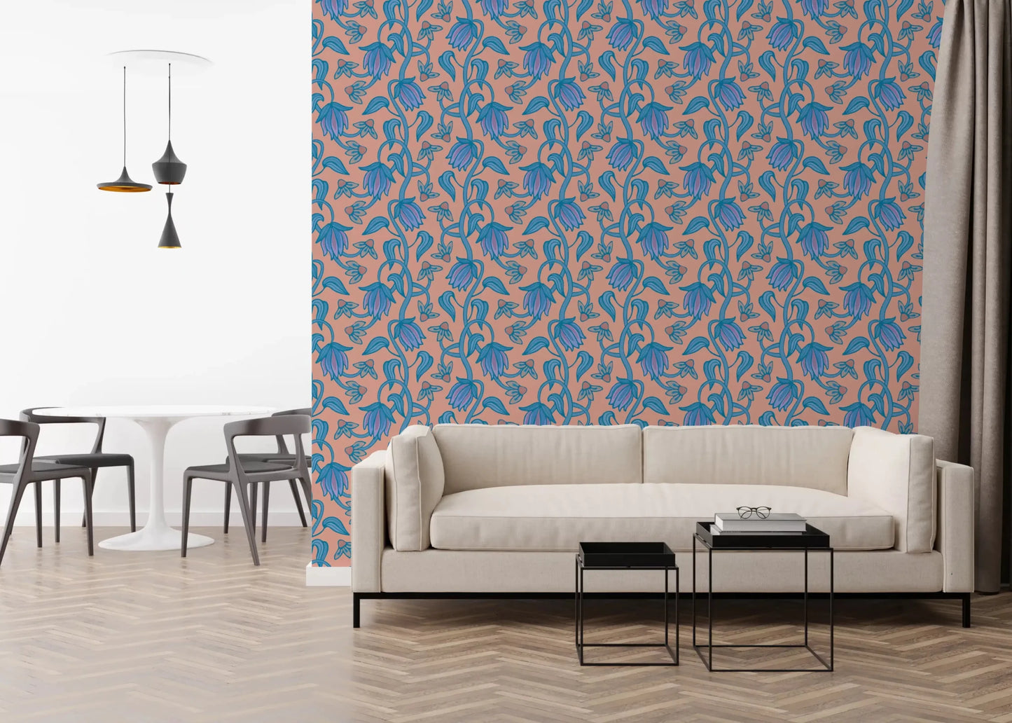 Soft botanical repeat in Ophelia Boho Blossoms blush wallpaper design, GD9291