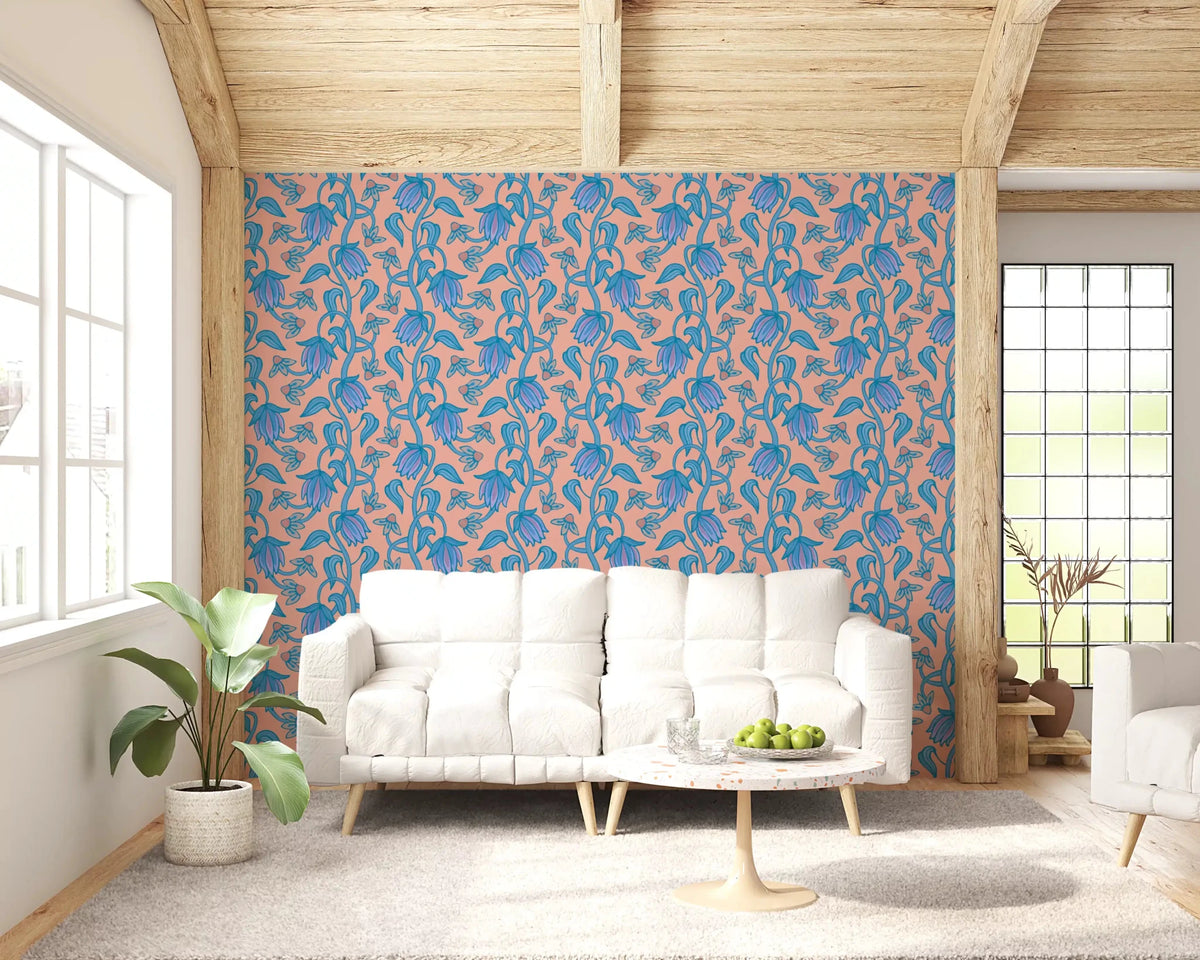 Living room styled with Ophelia Boho Blossoms wallpaper in blue on blush, GD9291