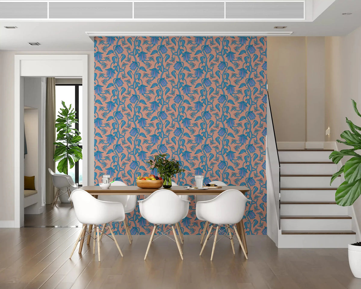Dining room backdrop with Ophelia Boho Blossoms wallpaper and blue florals, GD9291