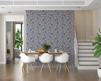 Dining room backdrop with Ophelia Boho Blossoms wallpaper and blue florals, GD9291