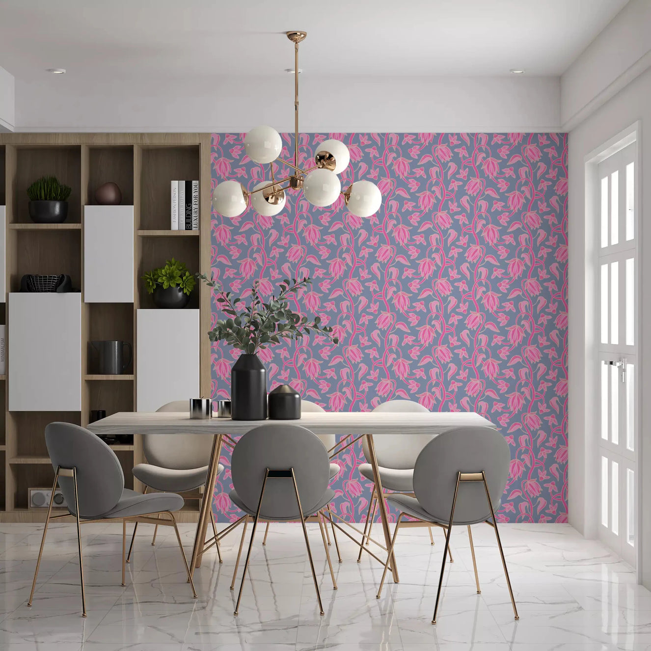 Dining room wall with Ophelia Boho Blossoms wallpaper in soft pink detail
