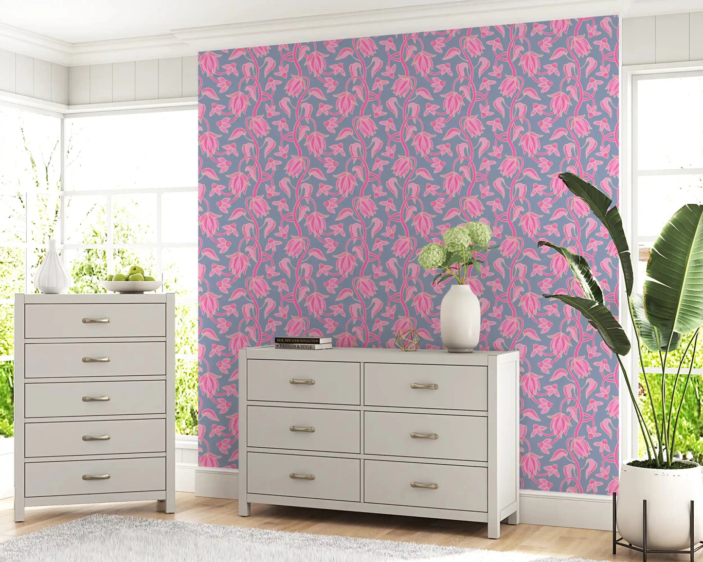 Ophelia Boho Blossoms wallpaper with pink floral outlines and curls