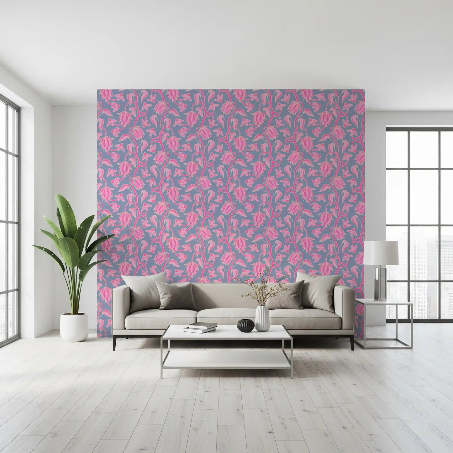 Living room with Ophelia Boho Blossoms wallpaper in pink on lavender