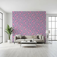Living room with Ophelia Boho Blossoms wallpaper in pink on lavender