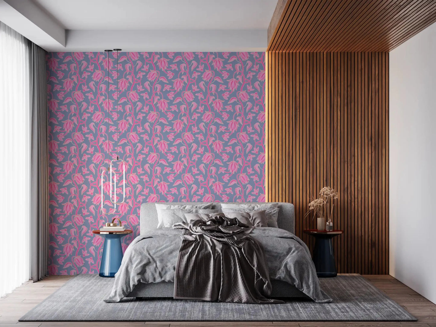 Bedroom styled in Ophelia Boho Blossoms wallpaper with floral lines
