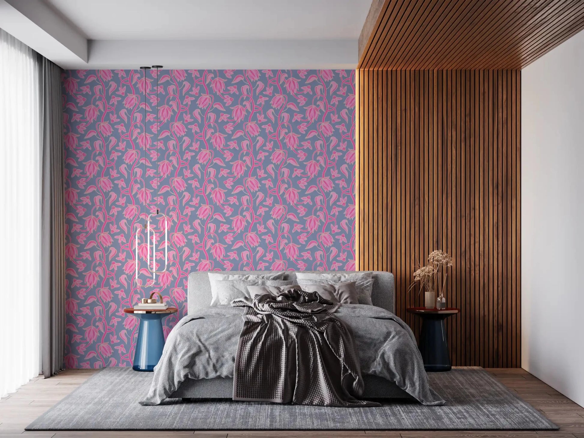 Bedroom styled in Ophelia Boho Blossoms wallpaper with floral lines