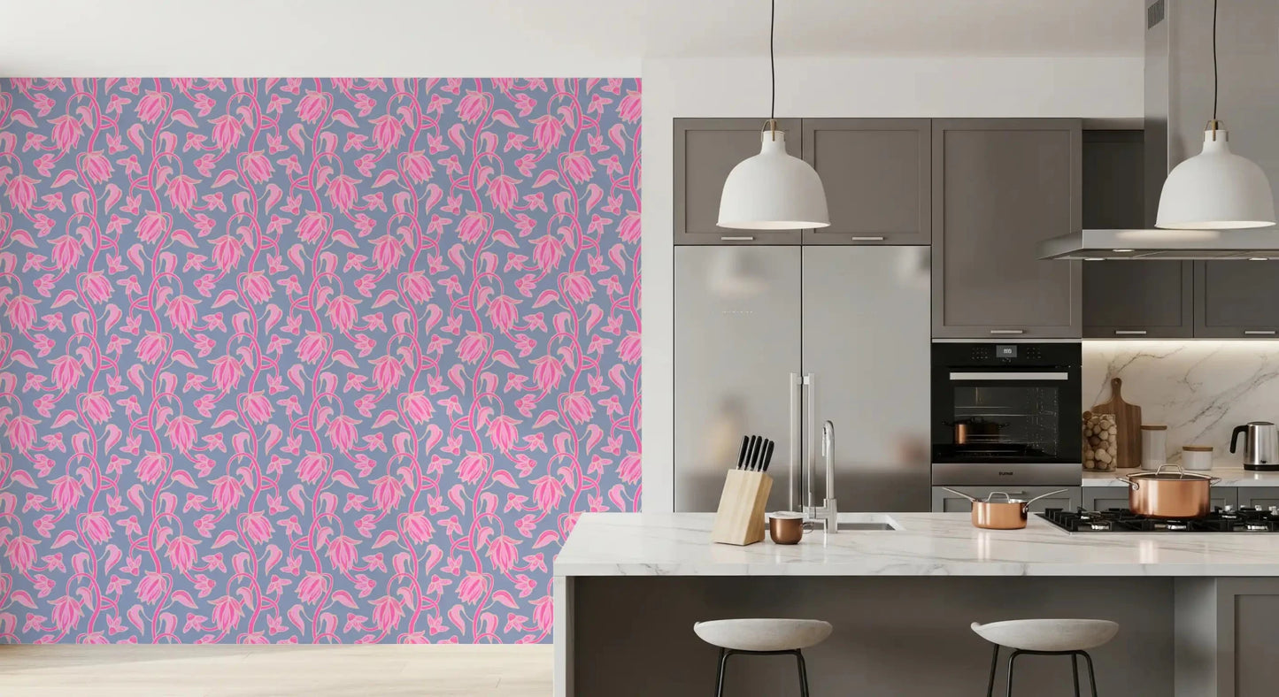 Kitchen space using Ophelia Boho Blossoms wallpaper on purple base