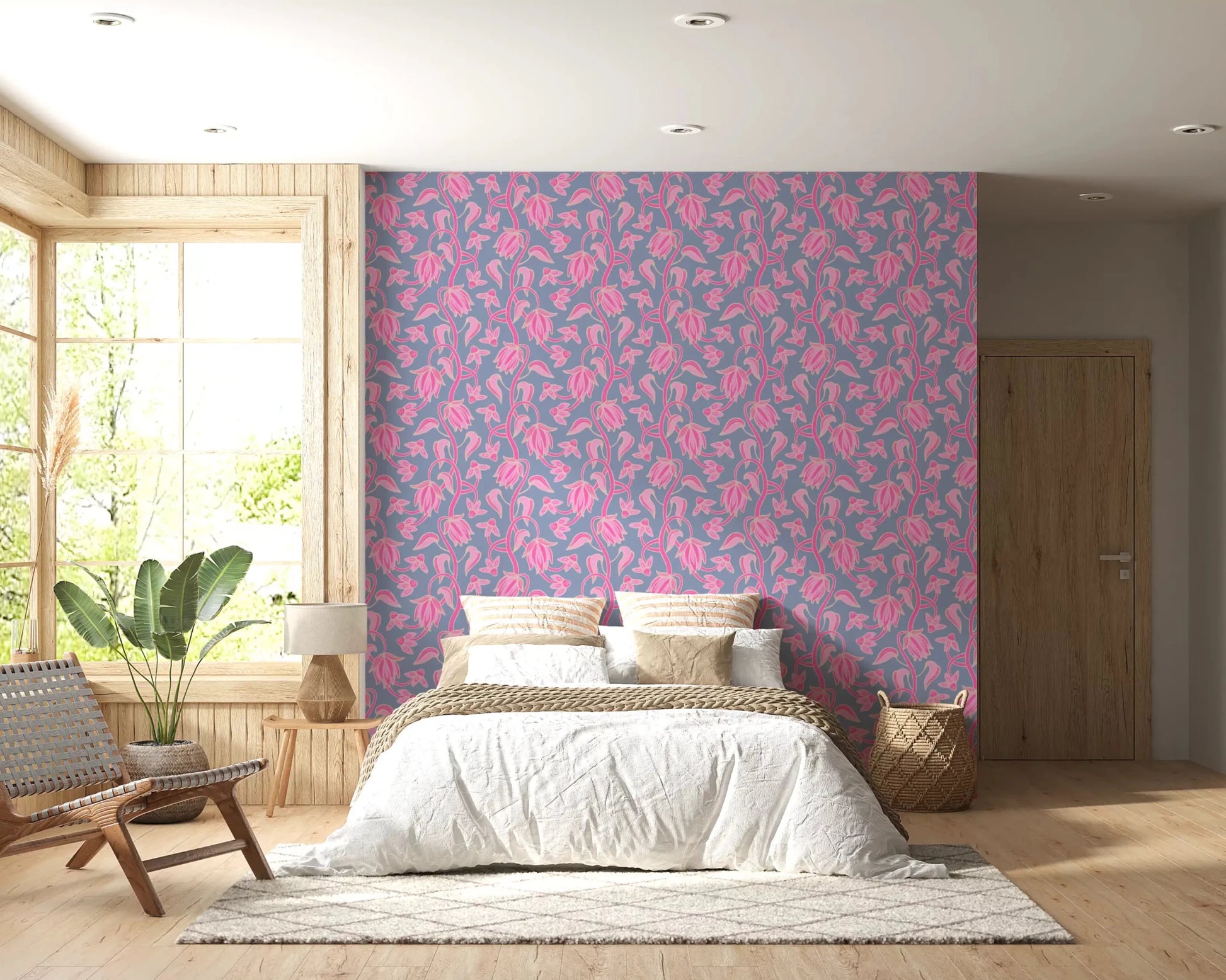 Lavender wallpaper showing Ophelia Boho Blossoms in a boho repeat