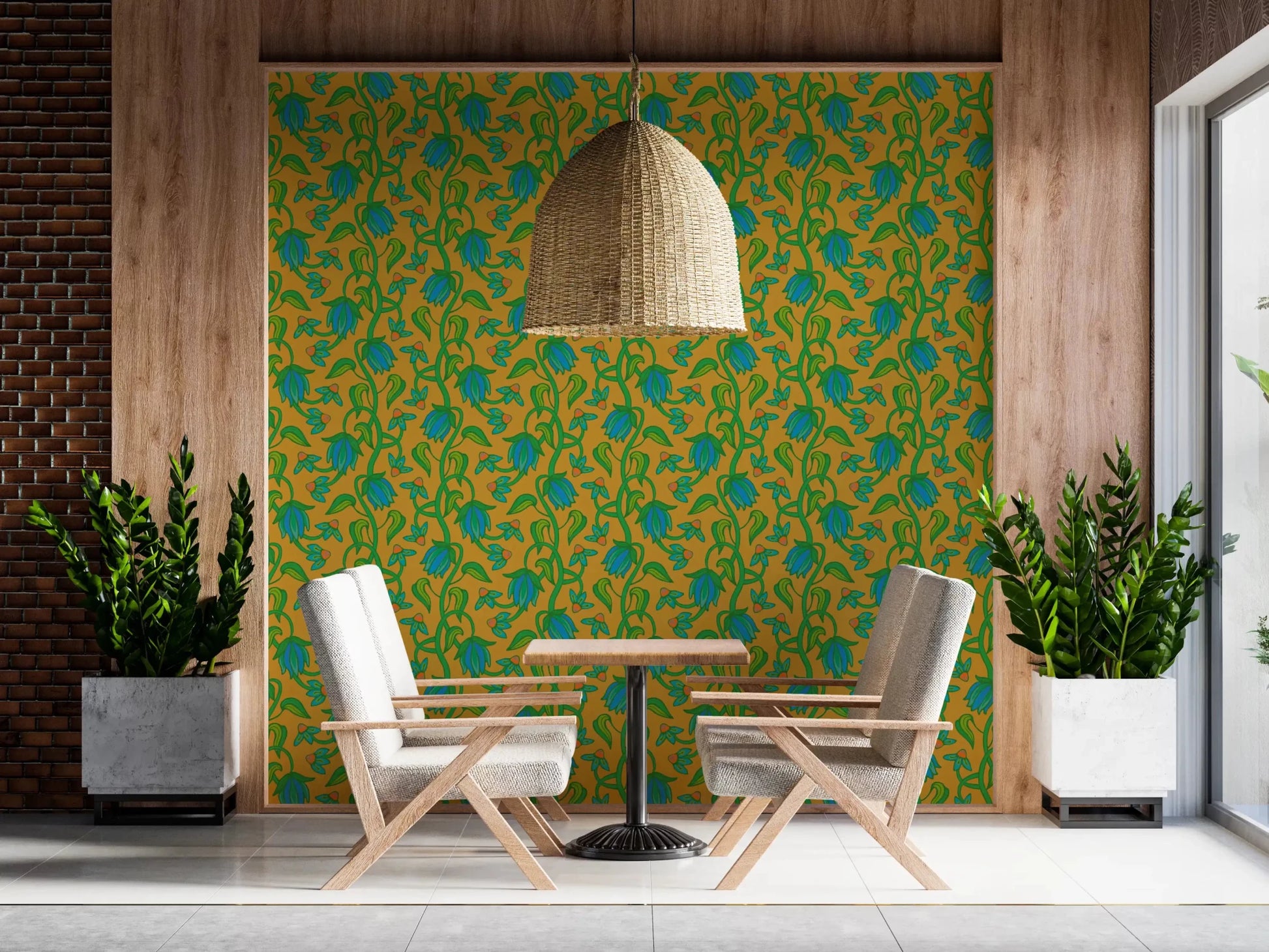 Blue green floral pattern in Ophelia Boho Blossoms wallpaper design