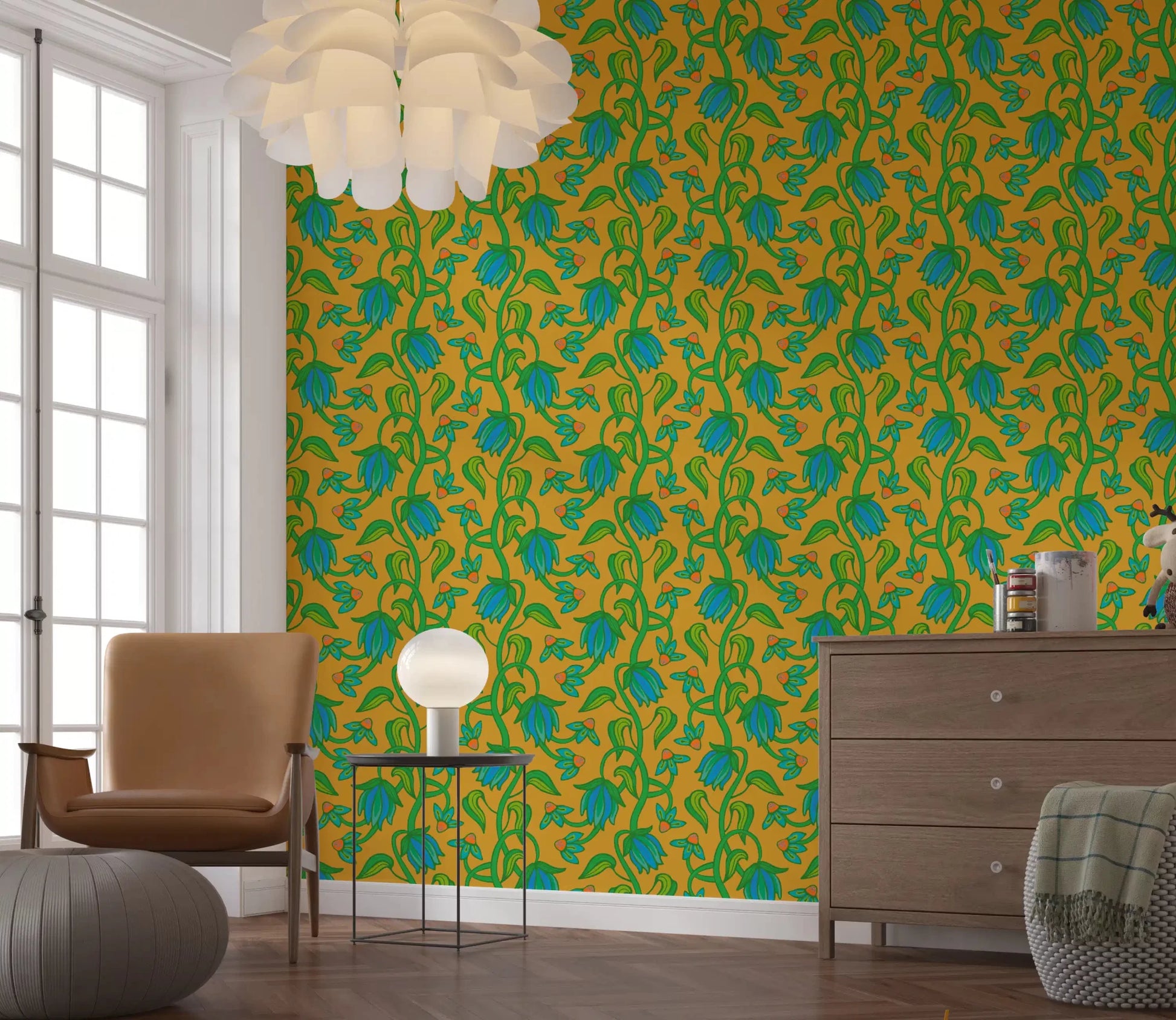 Ophelia Boho Blossoms wallpaper with blue green blooms and curved stems