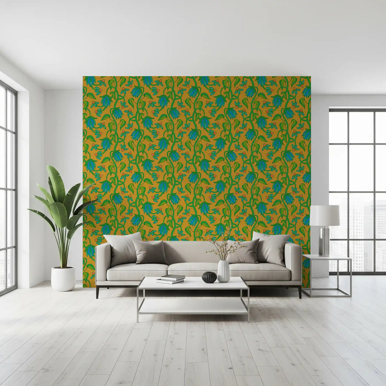 Ophelia Boho Blossoms wallpaper with flowing botanical linework and contrast
