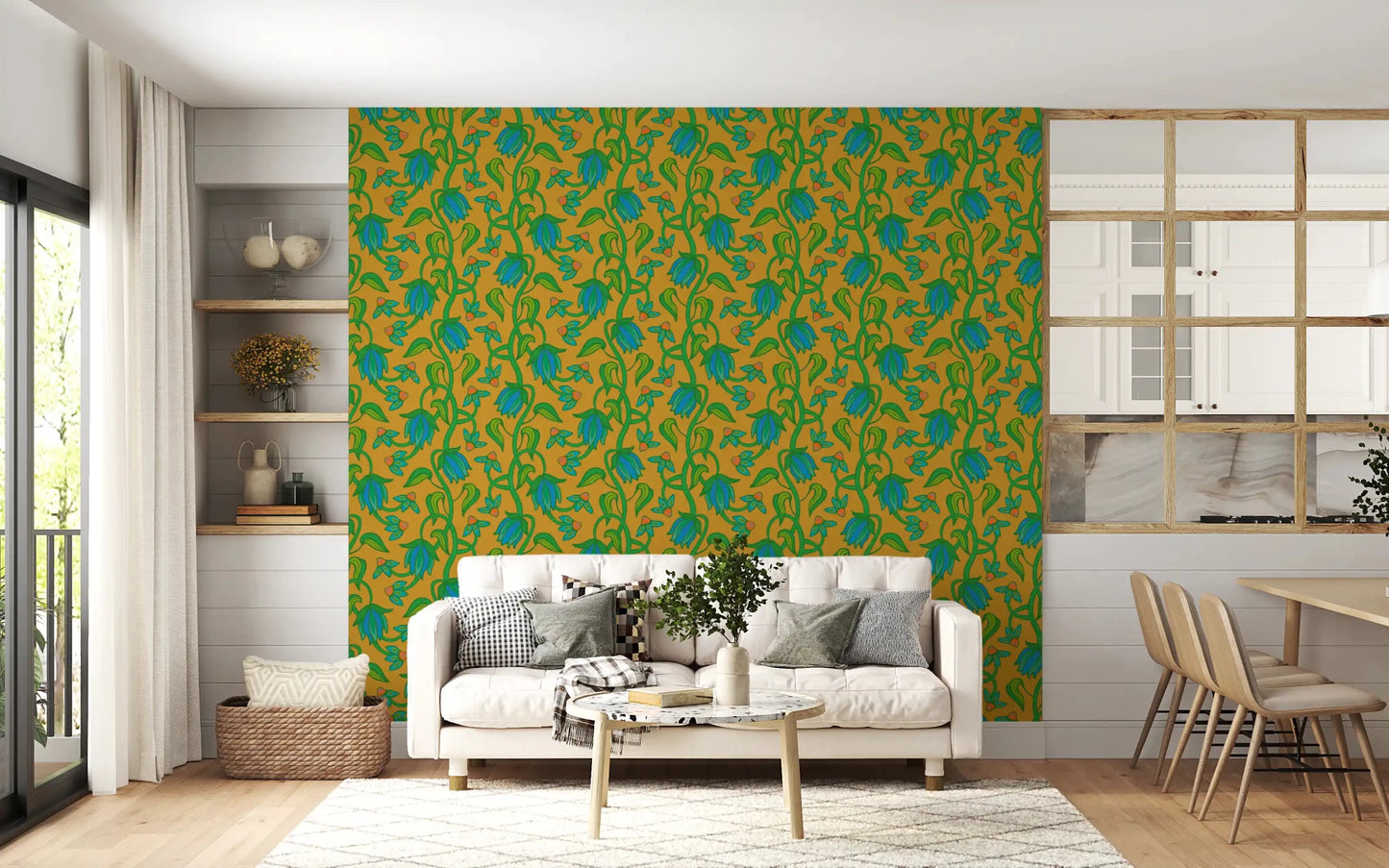 Hallway wall with Ophelia Boho Blossoms wallpaper on mustard yellow base